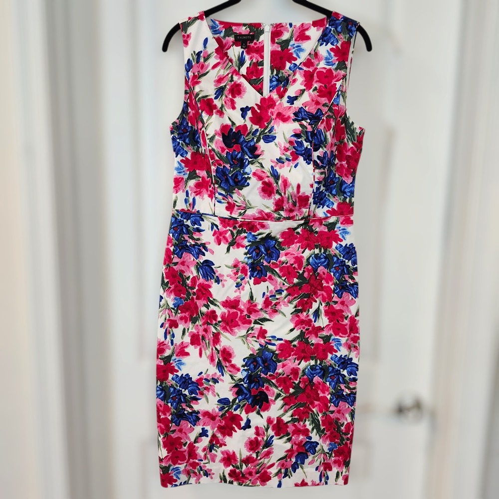 Talbots Floral Print Sleeveless Sheath Shift Dress Pink Blue White Size 6 womens
